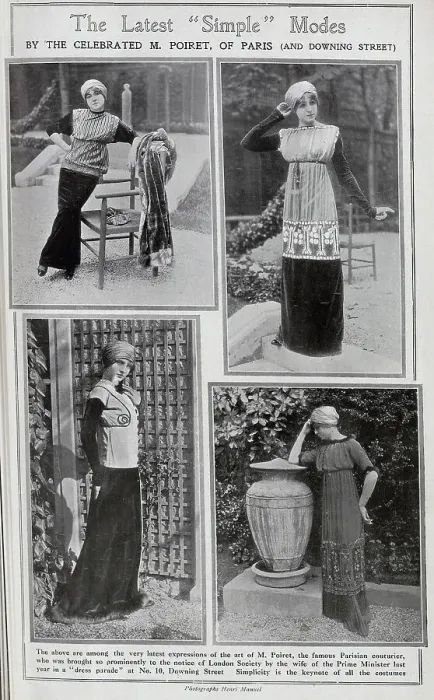 Framed Print : Four photographs of models in fashions by Poiret, Paris (and Downing Street). Captioned, The latest simple modes'. With description, The above are among the very latest expressions of the art of M Poiret, the famous Parisian couturier Framed Print : Four photographs of models in fashions by Poiret, Paris (and Downing Street). Captioned, The latest simple modes'. With description, The above are among the very latest expressions of the art of M Poiret, the famous Parisian couturier
