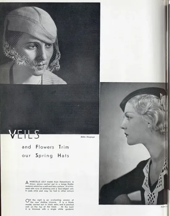 Framed Print : Photographs of models in spring hats. Captioned, Veils and Flowers trim our spring hats'. With descriptions, A Marcelle Lely model from Debenhams is shown above carried out in a beige Rodier material which has a soft and furry surface Framed Print : Photographs of models in spring hats. Captioned, Veils and Flowers trim our spring hats'. With descriptions, A Marcelle Lely model from Debenhams is shown above carried out in a beige Rodier material which has a soft and furry surface