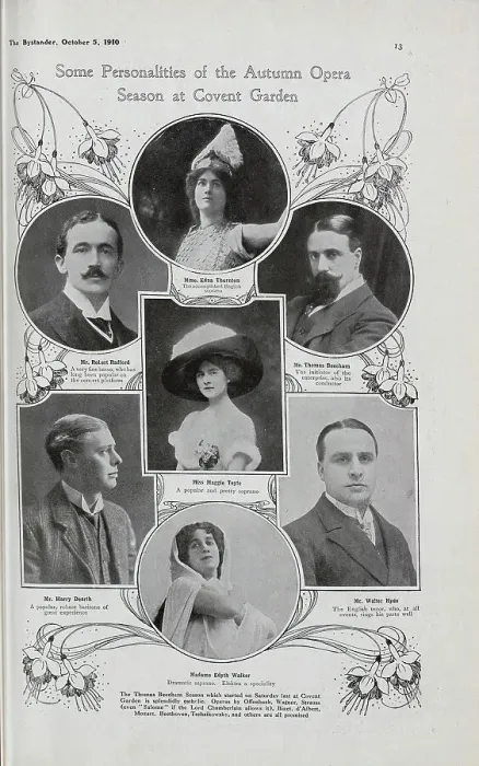 Framed Print : Photographs of opera personalities, within illustrated frame with fuchsias. Including, Mr Robert Radford; A very fine basso, who has long been popular on the concert platform. Mr Harry Dearth; A popular, robust baritone of great experience. Mme Framed Print : Photographs of opera personalities, within illustrated frame with fuchsias. Including, Mr Robert Radford; A very fine basso, who has long been popular on the concert platform. Mr Harry Dearth; A popular, robust baritone of great experience. Mme