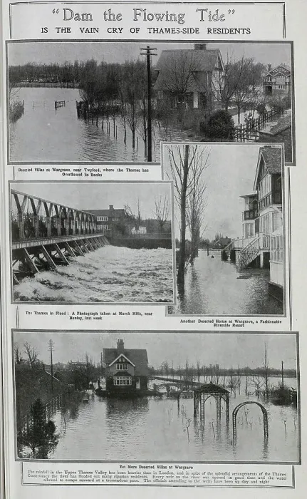 Framed Print : Photographs of the River Thames flooding, at Twyford, Marsh Mills, and Wargrave. Captioned, Dam the Flowing Tide: Is the vain cry of Thames-side residents Framed Print : Photographs of the River Thames flooding, at Twyford, Marsh Mills, and Wargrave. Captioned, Dam the Flowing Tide: Is the vain cry of Thames-side residents