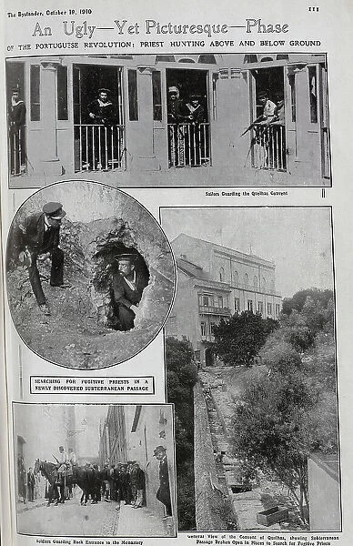 Photographs showing scenes after the Portuguese Revolution. Captioned, Sailors Guarding the Quelhas Convent, Searching for fugitive Priests in a newly discovered subterranean passage, Soldiers Guarding Back Entrance to the Monastery