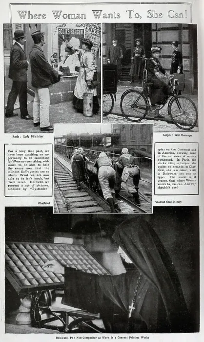 Framed Print : Photographs of women at work, in traditionally male roles. With heading, Where Woman Wants To, She Can! The photographs captioned, Paris: Lady Billsticker, Leipsic: Girl Messenger, Charleroi: Women Coal Miners, and Delaware Framed Print : Photographs of women at work, in traditionally male roles. With heading, Where Woman Wants To, She Can! The photographs captioned, Paris: Lady Billsticker, Leipsic: Girl Messenger, Charleroi: Women Coal Miners, and Delaware