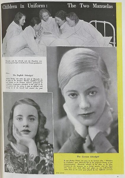 Photographs of young actress in a film and theatre production, Manuela'. Captioned, Children in Uniform: Two Manuelas'. With descriptions, Manuela and her friends wait for Fraulein von Bernberg's good-night