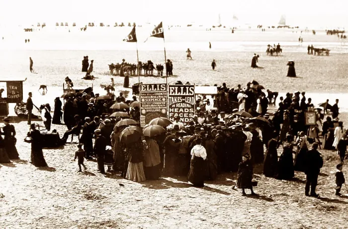 Framed Print : Phrenology booth, Blackpool beach, Victorian period Framed Print : Phrenology booth, Blackpool beach, Victorian period