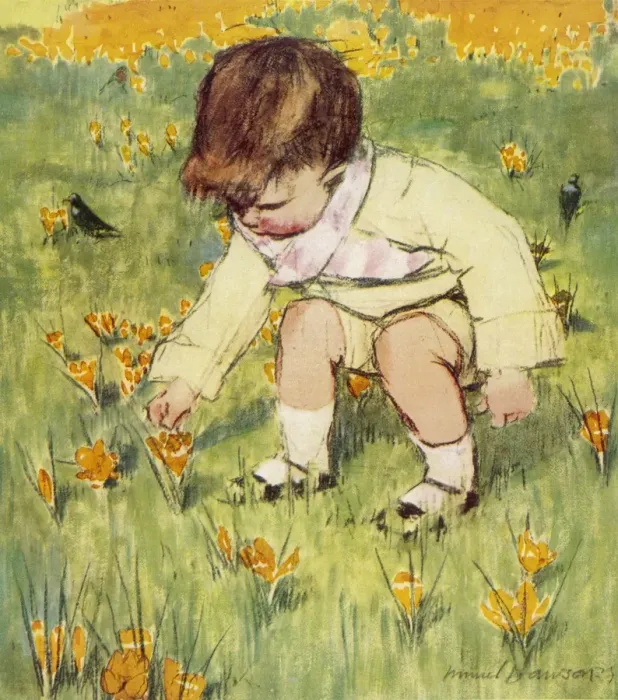 Framed Print : Picking Crocii by Muriel Dawson Framed Print : Picking Crocii by Muriel Dawson