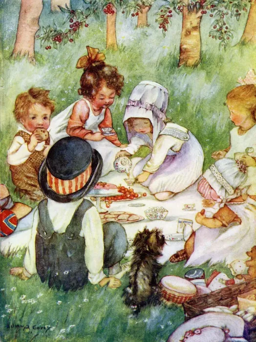 Framed Print : Picnicing - Goup of children with their dolls and pets picnicing in the orchard Framed Print : Picnicing - Goup of children with their dolls and pets picnicing in the orchard