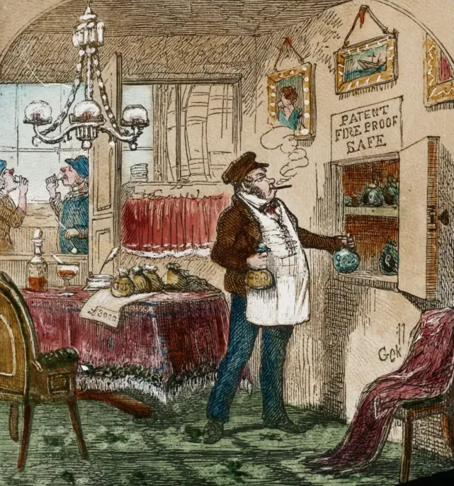 Framed Print : Picture of a man placing bags of gold in a safe Framed Print : Picture of a man placing bags of gold in a safe