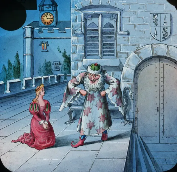 Framed Print : Picture showing a girl on her knees and man dressed as encha Framed Print : Picture showing a girl on her knees and man dressed as encha