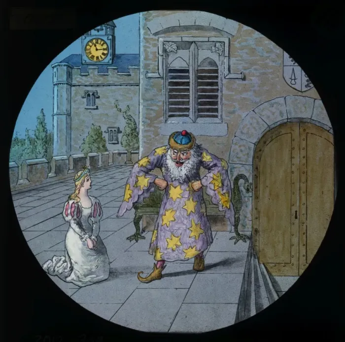 Framed Print : Picture showing a girl on her knees and man dressed as encha Framed Print : Picture showing a girl on her knees and man dressed as encha