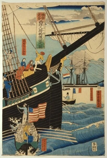 Picture of Western traders at Yokohama transporting merchand
