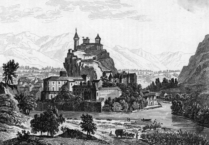 Framed Print : FOIX. A picturesque engraving of the capital of the Ariege departement Framed Print : FOIX. A picturesque engraving of the capital of the Ariege departement