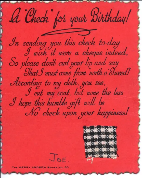 Framed Print : Piece of checked cloth with comic verse on a birthday card Framed Print : Piece of checked cloth with comic verse on a birthday card