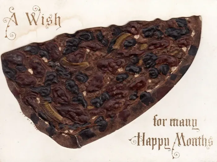 Framed Print : Piece of fruit cake on a Christmas card Framed Print : Piece of fruit cake on a Christmas card