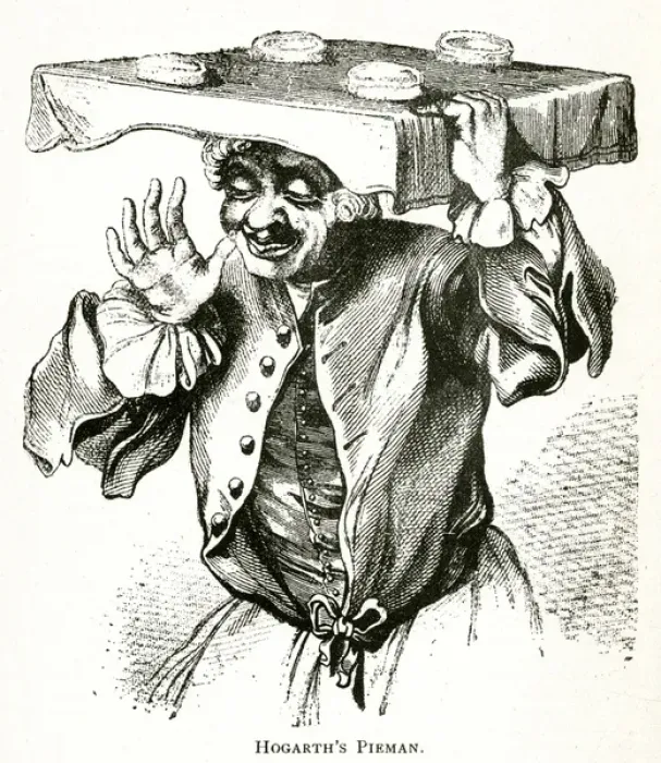 Framed Print : Pieman. Hogarths Pieman, holding a tray with his delicious pies on Framed Print : Pieman. Hogarths Pieman, holding a tray with his delicious pies on