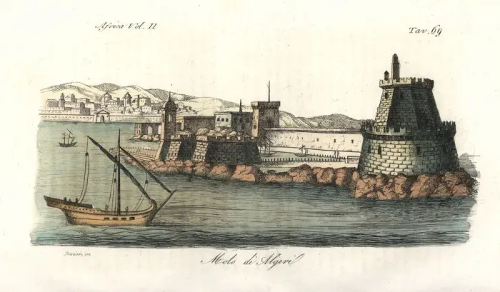 Framed Print : The pier of Algiers harbour, early 19th century Framed Print : The pier of Algiers harbour, early 19th century