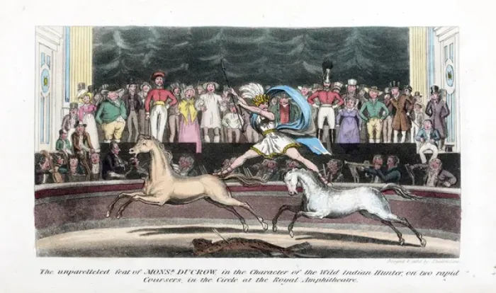 Framed Print : Pierce Egans Anecdotes: stunt riding astride 2 horses Framed Print : Pierce Egans Anecdotes: stunt riding astride 2 horses