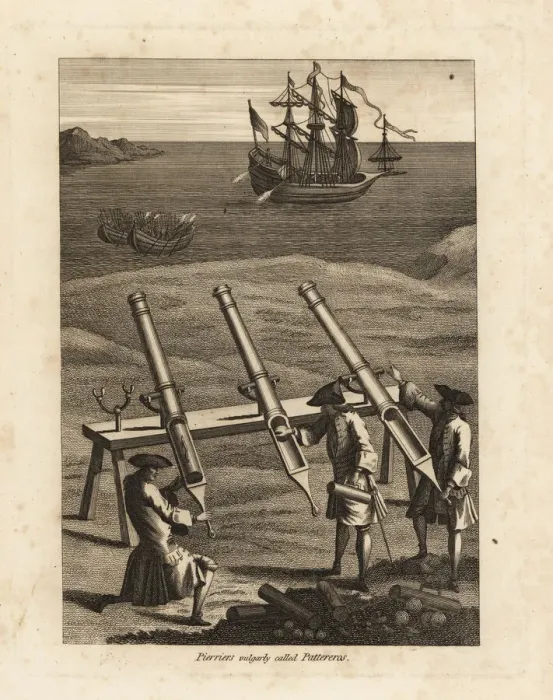 Framed Print : Pierriers firing stones at a ship in a bay Framed Print : Pierriers firing stones at a ship in a bay