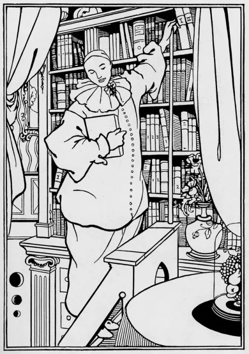 Framed Print : Pierrot. Illustration of Pierrot beside bookcase. Artist: Aubrey Beardsley Date: 1896 Framed Print : Pierrot. Illustration of Pierrot beside bookcase. Artist: Aubrey Beardsley Date: 1896