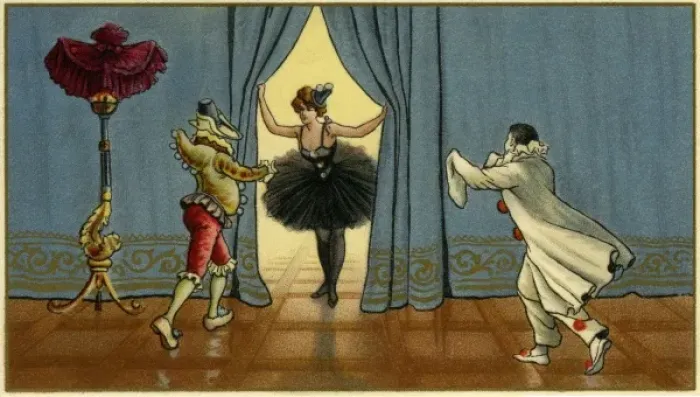 Framed Print : Pierrot, jester and pierrette acting on stage Framed Print : Pierrot, jester and pierrette acting on stage