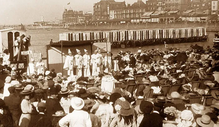 Framed Print : Pierrots and bathing machines, Margate Framed Print : Pierrots and bathing machines, Margate