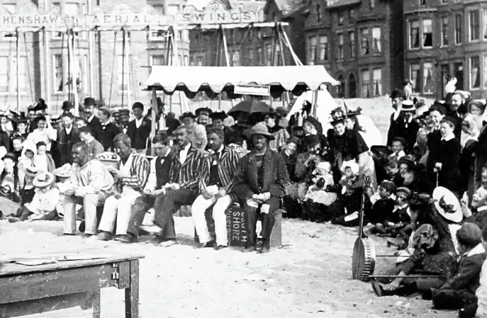 Framed Print : Pierrots on the beach, Blackpool, Victorian period Framed Print : Pierrots on the beach, Blackpool, Victorian period