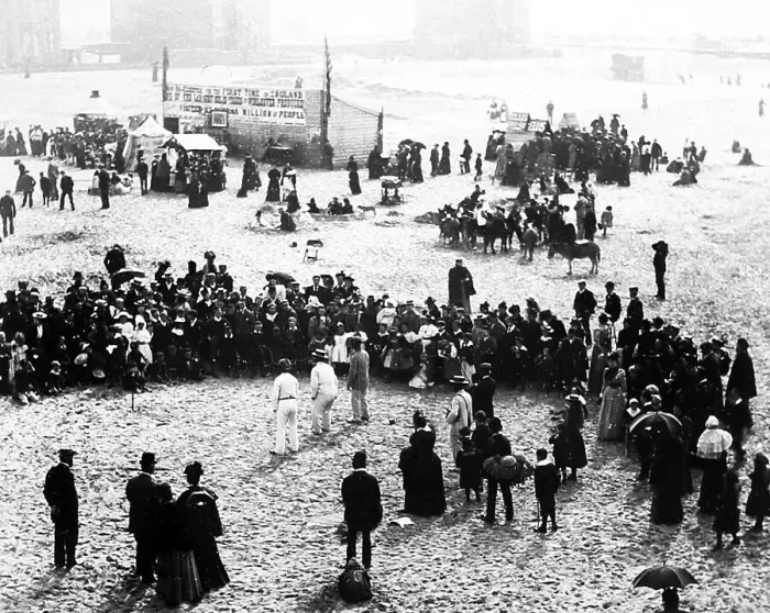 Framed Print : Pierrots on the beach, Blackpool, Victorian period Framed Print : Pierrots on the beach, Blackpool, Victorian period