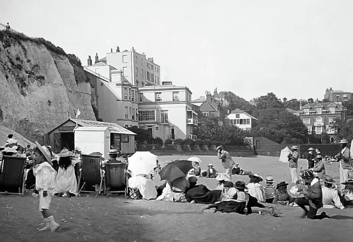 Framed Print : Pierrots on the beach at Broadstairs - early 1900s Framed Print : Pierrots on the beach at Broadstairs - early 1900s