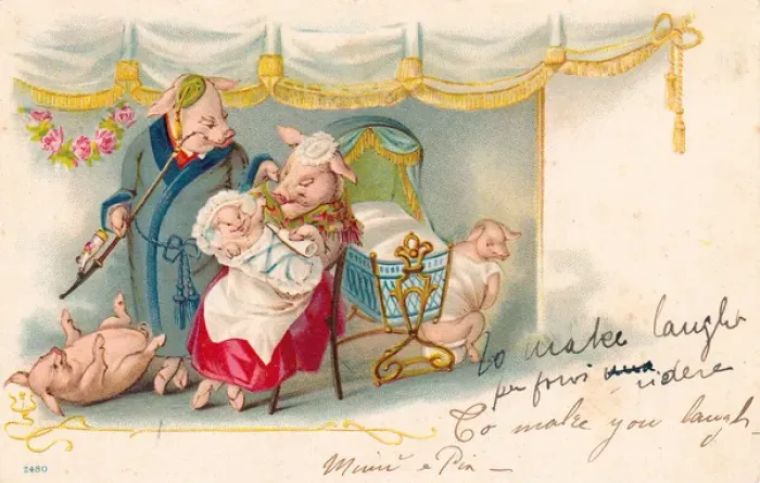 Framed Print : Pig couple with three children on a postcard Framed Print : Pig couple with three children on a postcard