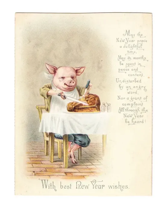 Framed Print : Pig enjoying a hearty meal on a New Year card Framed Print : Pig enjoying a hearty meal on a New Year card
