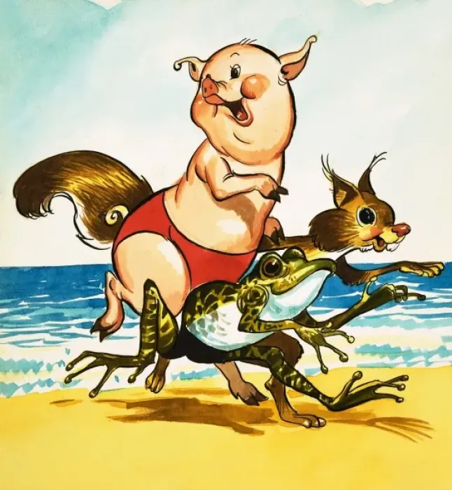 Framed Print : Pig, frog and squirrel on the beach Framed Print : Pig, frog and squirrel on the beach