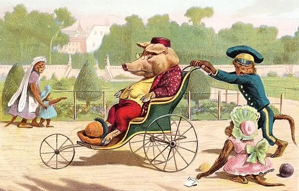 Pig and monkeys in a park on a postcard