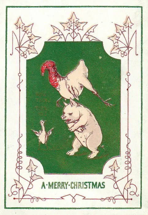 Framed Print : Pig, turkey and goose on a Christmas card Framed Print : Pig, turkey and goose on a Christmas card