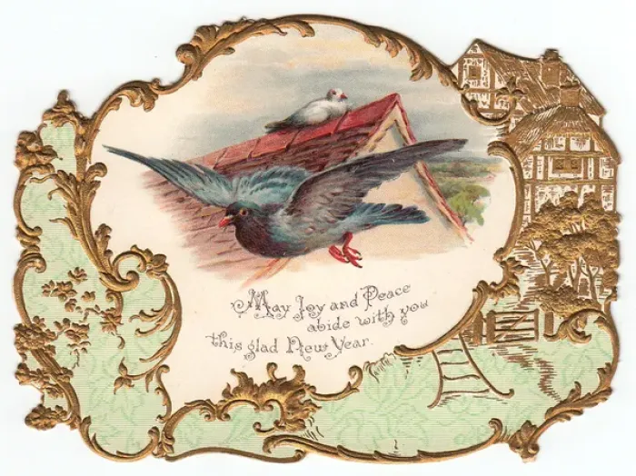 Framed Print : Pigeon and dove on a New Year card Framed Print : Pigeon and dove on a New Year card