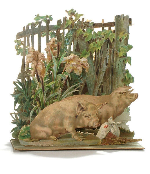 Two pigs with a bag of gold coins on a cutout card