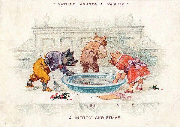 Three pigs on a Christmas card