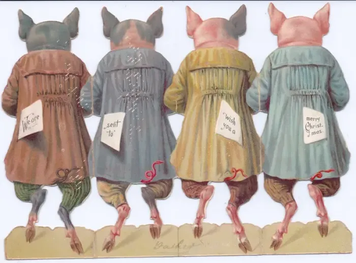 Framed Print : Four pigs with festive food on a cutout Christmas card Framed Print : Four pigs with festive food on a cutout Christmas card