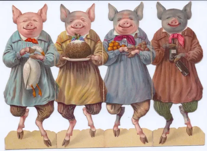Framed Print : Four pigs with festive food on a cutout Christmas card Framed Print : Four pigs with festive food on a cutout Christmas card