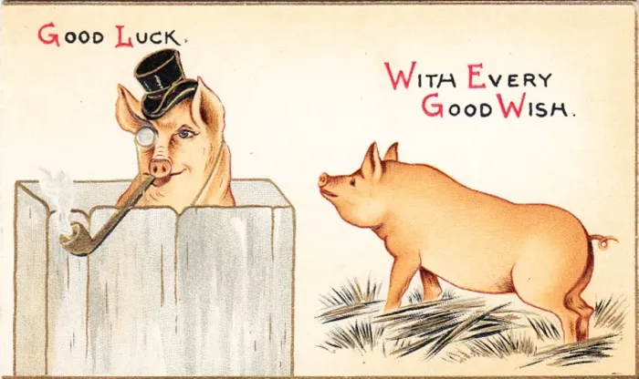 Framed Print : Two pigs on a Good Luck card Framed Print : Two pigs on a Good Luck card