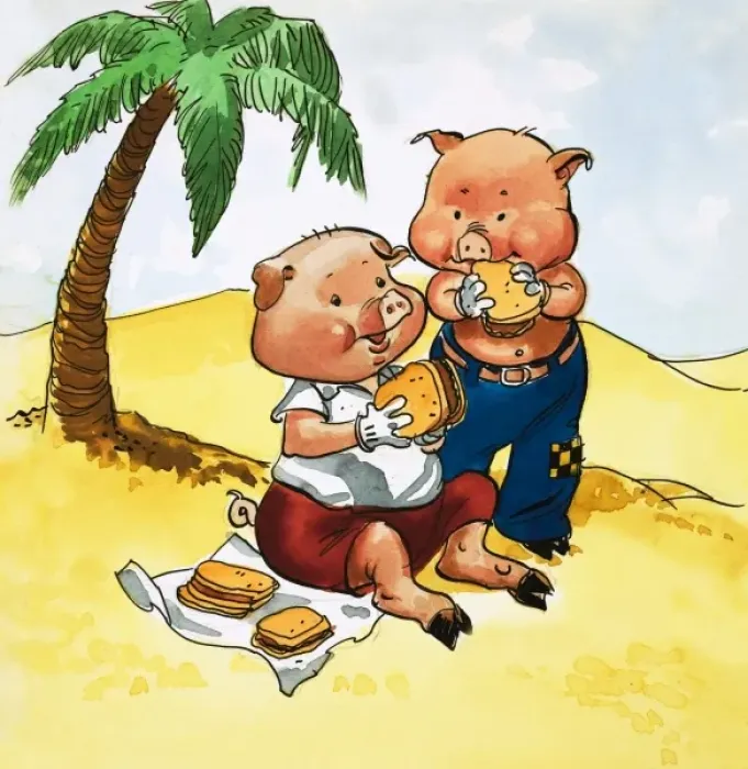 Framed Print : Pigs picnic on a desert island Framed Print : Pigs picnic on a desert island