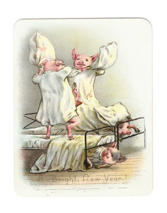 Framed Print : Four pigs pillow fighting on a New Year card Framed Print : Four pigs pillow fighting on a New Year card