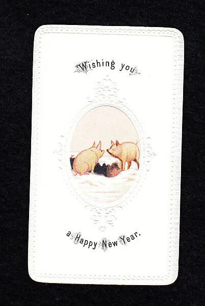 Two pigs in the snow on a New Year card