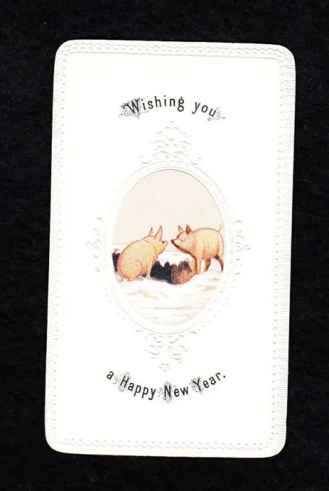 Framed Print : Two pigs in the snow on a New Year card Framed Print : Two pigs in the snow on a New Year card