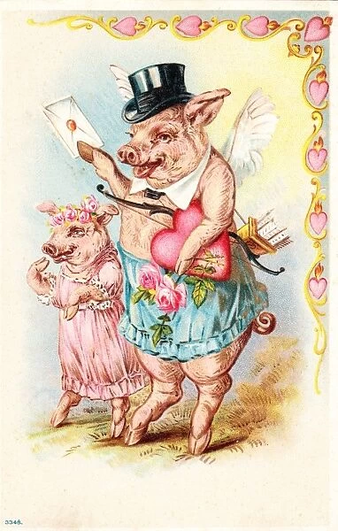 Two pigs on a Valentine postcard