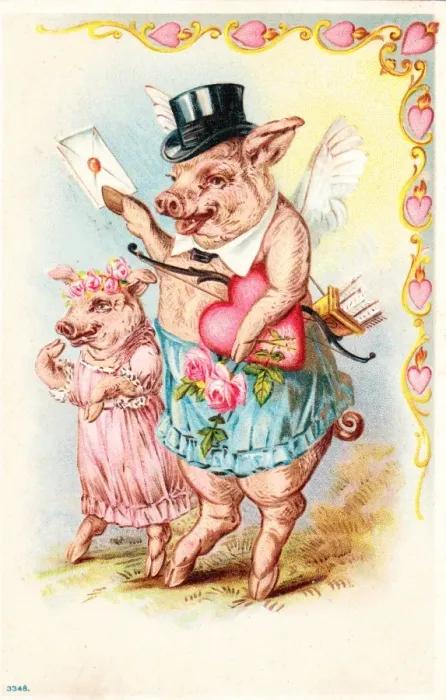 Framed Print : Two pigs on a Valentine postcard Framed Print : Two pigs on a Valentine postcard