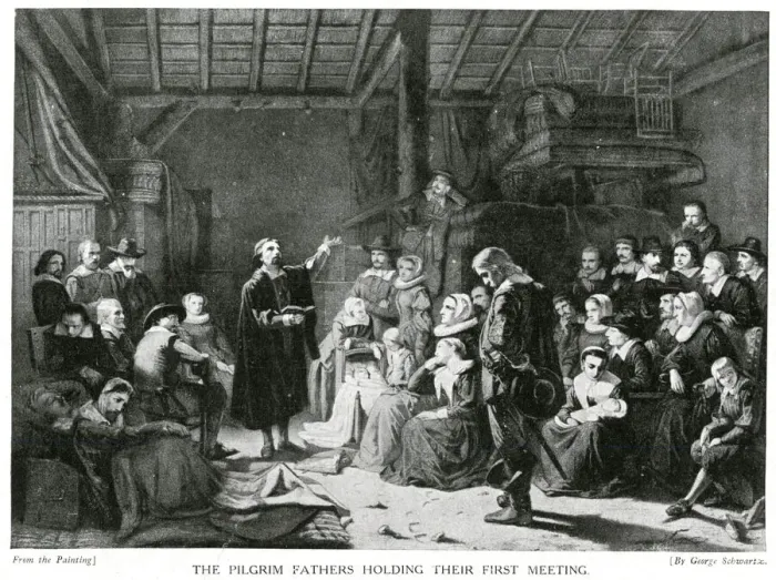 Framed Print : Pilgrim Fathers First Meeting 1621 Framed Print : Pilgrim Fathers First Meeting 1621