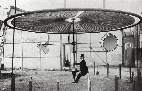 Pilot Sitting in the Cockpit of an Early Flying Machine