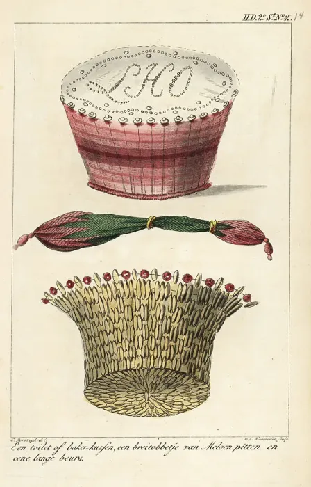 Framed Print : A pincushion, basket made of melon seeds, and a long purse Framed Print : A pincushion, basket made of melon seeds, and a long purse