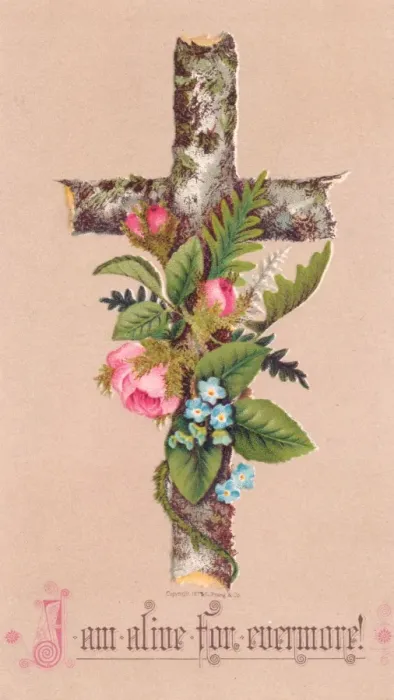 Framed Print : Pink and blue flowers and a cross on an Easter card Framed Print : Pink and blue flowers and a cross on an Easter card
