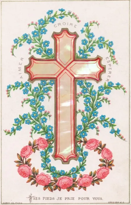 Framed Print : Pink and blue flowers and a cross on a French card Framed Print : Pink and blue flowers and a cross on a French card