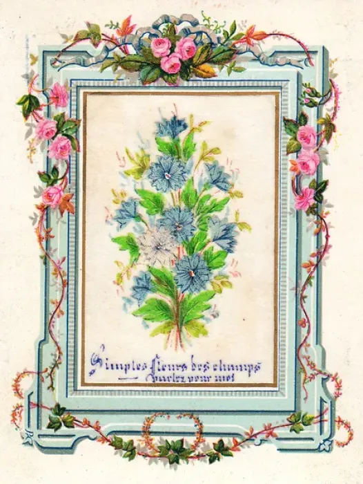 Framed Print : Pink and blue flowers on a French greetings card Framed Print : Pink and blue flowers on a French greetings card
